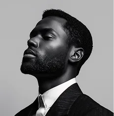 Black and white profile portrait of a man with a beard wearing a suit against a plain background.